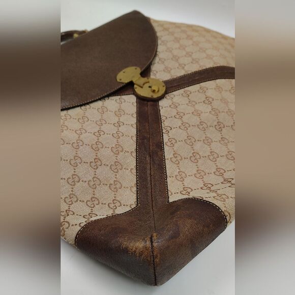 Gucci Brown Leather & Cream Logo Monogram Satchel Bag Vintage - Picture 11 of 16